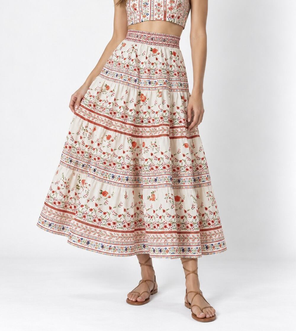 Alice + Olivia Melony Floral Linen Blend Tiered Midi Skirt Size 0